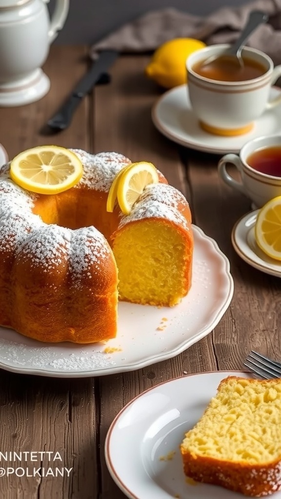Lemon Pound Cake Recipe for Bread Machine Lemon pound cake with powdered sugar and lemon slices, served with tea on a rustic table.